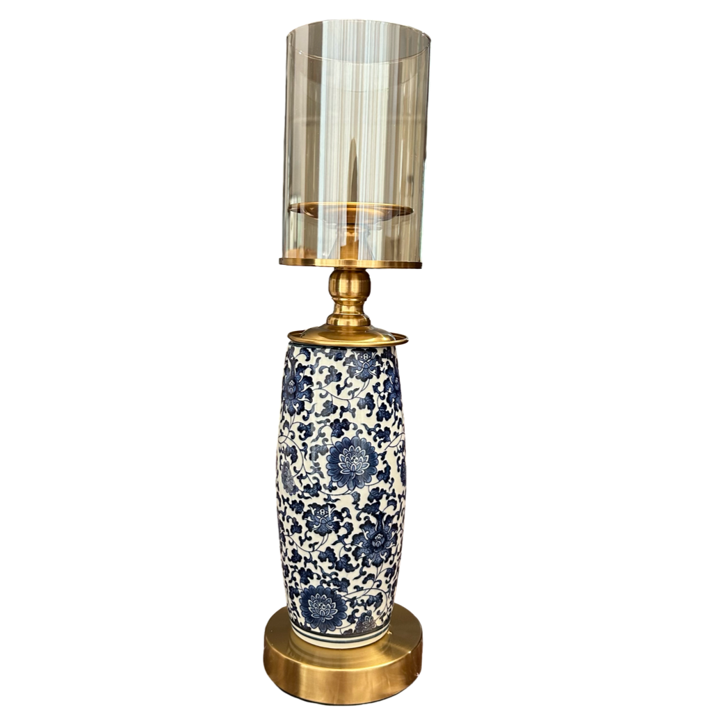 Oriental Blue & White Ceramic Candle Holder with Brass & Glass – Luxury Home Décor