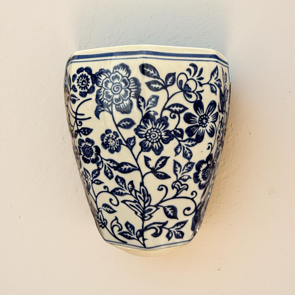 Oriental Blue & White Ceramic Wall Vase – Handcrafted Floral Wall Décor