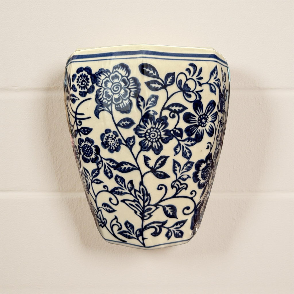 Oriental Blue & White Ceramic Wall Vase – Handcrafted Floral Wall Décor