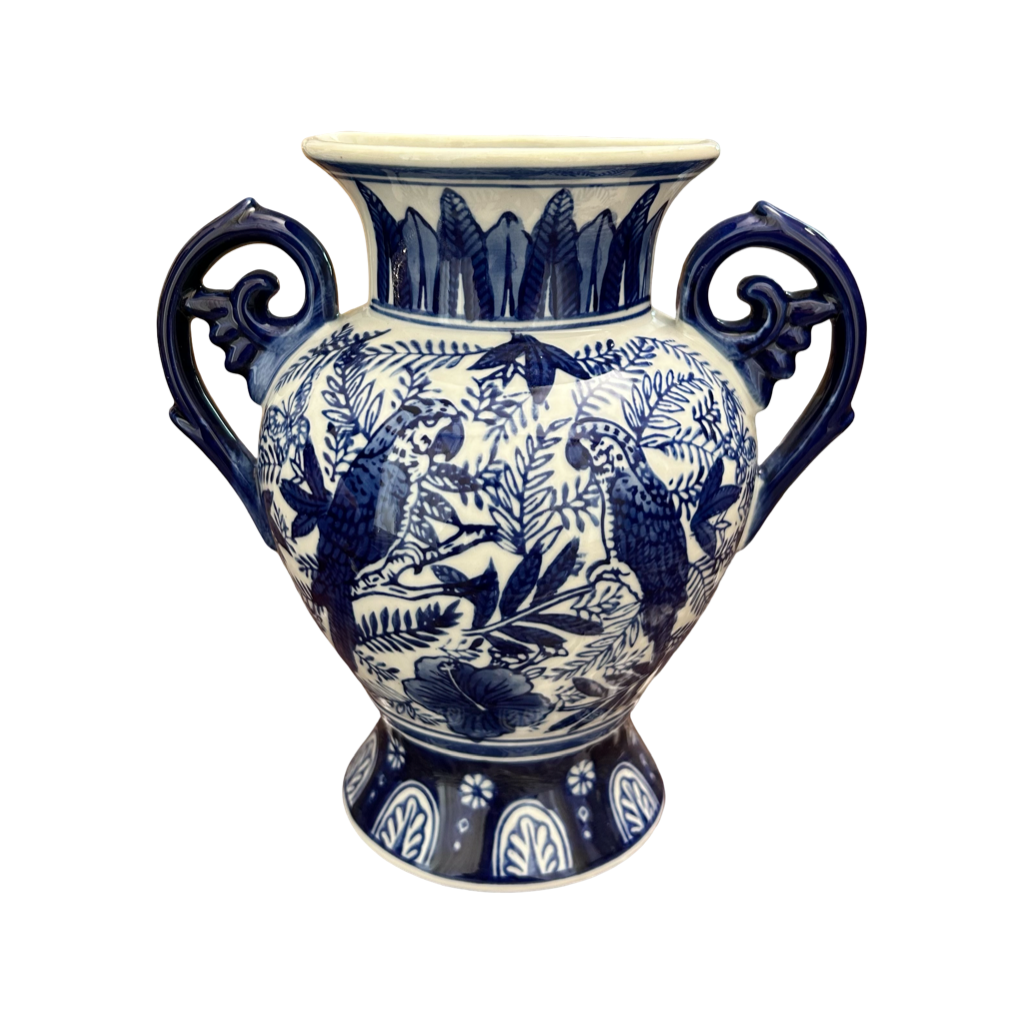 Oriental Blue & White Ceramic Two-Handled Vase with Bird & Floral Design – Handcrafted Decorative Showpiece