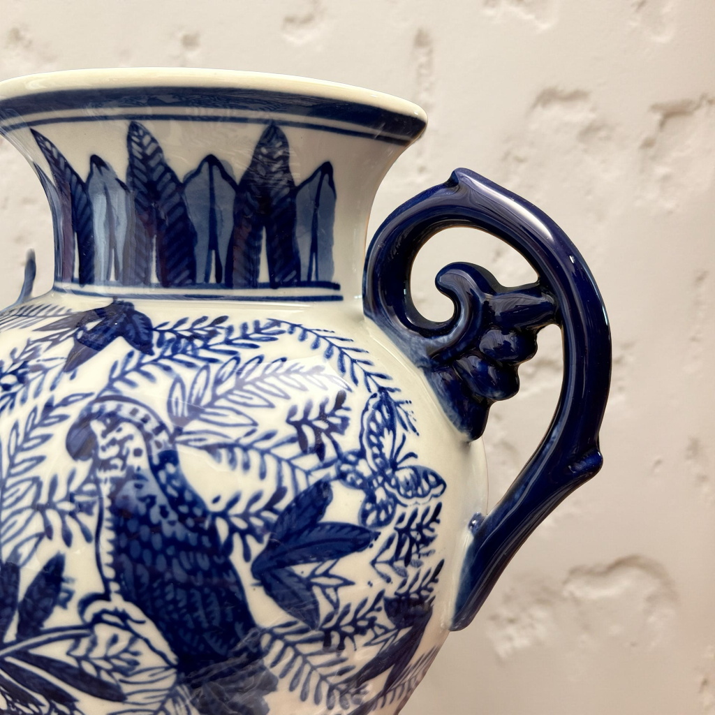 Oriental Blue & White Ceramic Two-Handled Vase with Bird & Floral Design – Handcrafted Decorative Showpiece