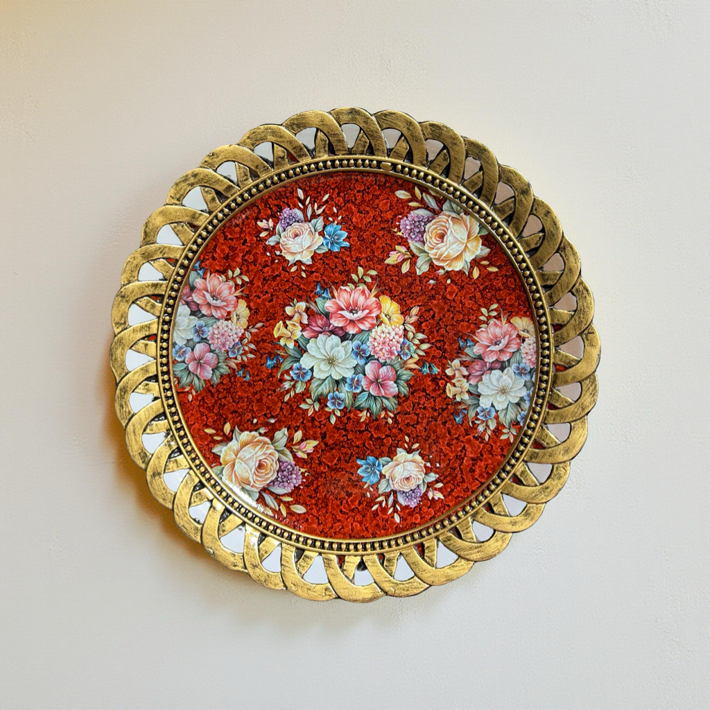 Red Floral Decorative Plate with Golden Rim – Luxury Table & Wall Décor