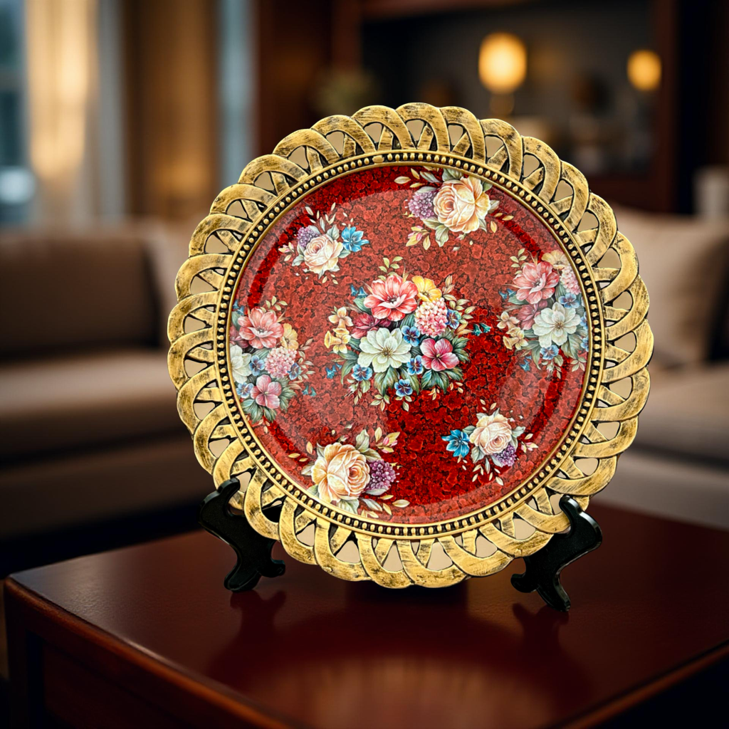 Red Floral Decorative Plate with Golden Rim – Luxury Table & Wall Décor