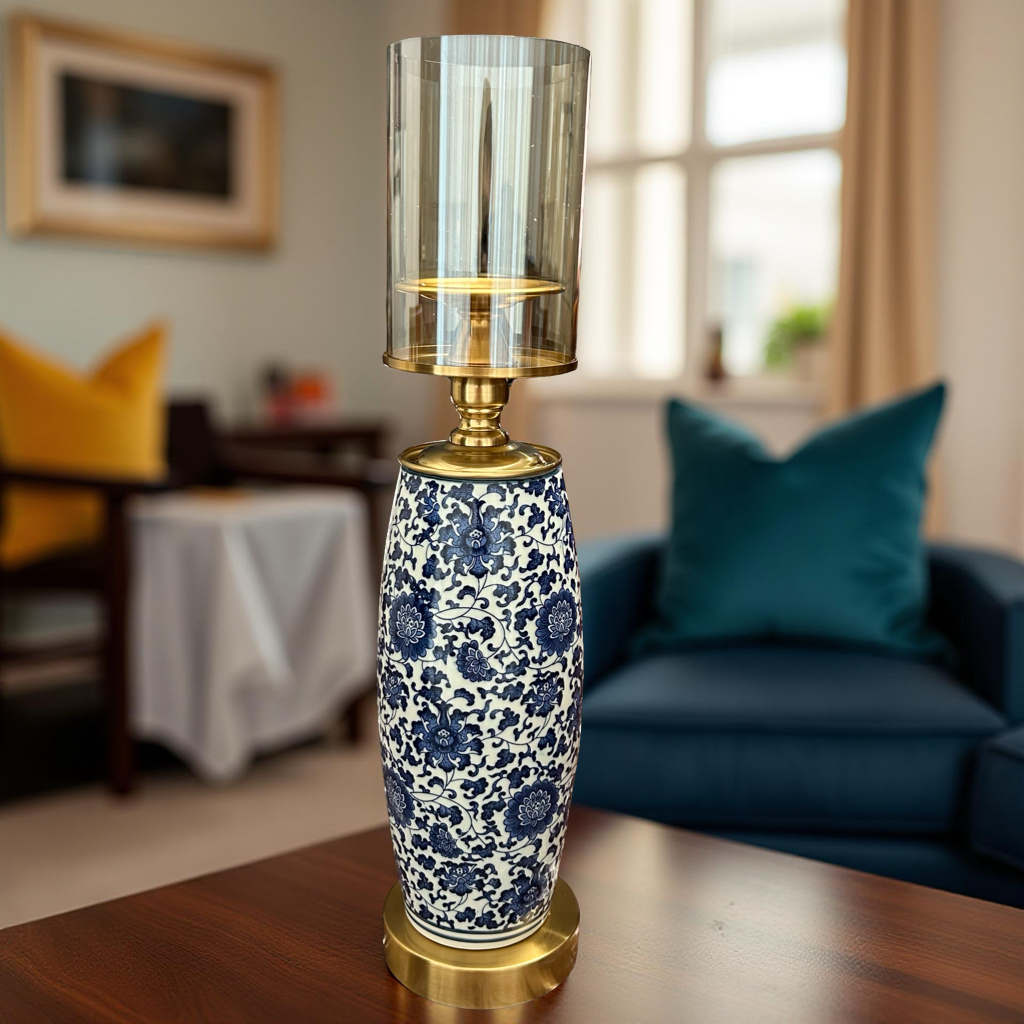 Oriental Blue & White Ceramic Candle Holder with Brass Base & Glass Cover – Luxury Home Décor