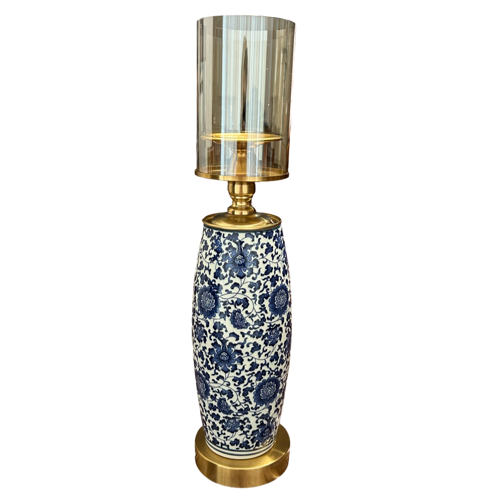 Oriental Blue & White Ceramic Candle Holder with Brass Base & Glass Cover – Luxury Home Décor