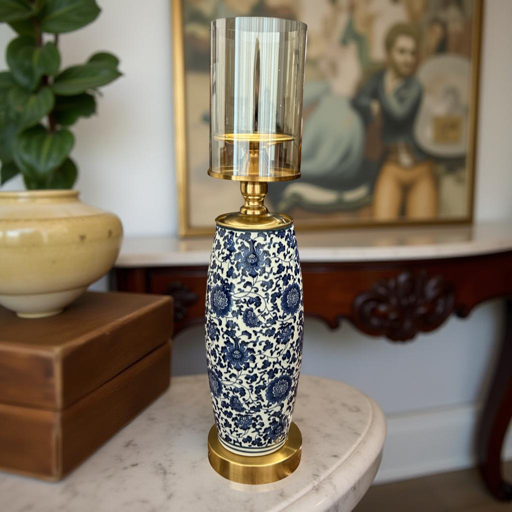 Oriental Blue & White Ceramic Candle Holder with Brass Base & Glass Cover – Luxury Home Décor