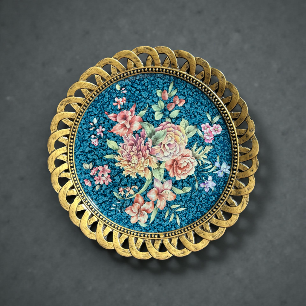 Floral Decorative Plate with Golden Rim – Luxury Table & Wall Décor Accent