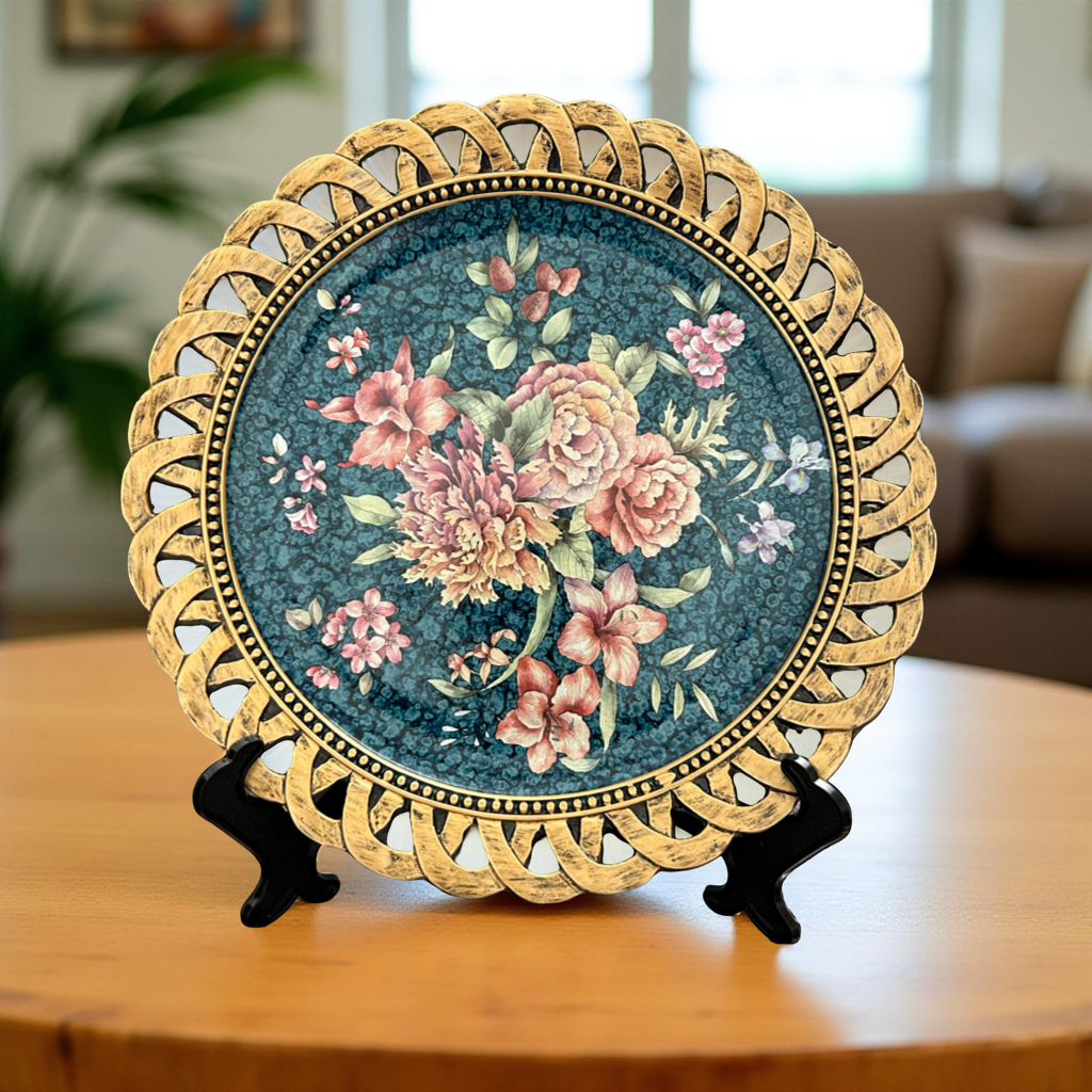 Floral Decorative Plate with Golden Rim – Luxury Table & Wall Décor Accent