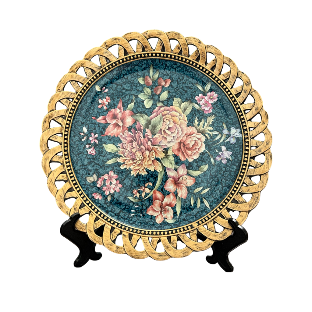 Floral Decorative Plate with Golden Rim – Luxury Table & Wall Décor Accent