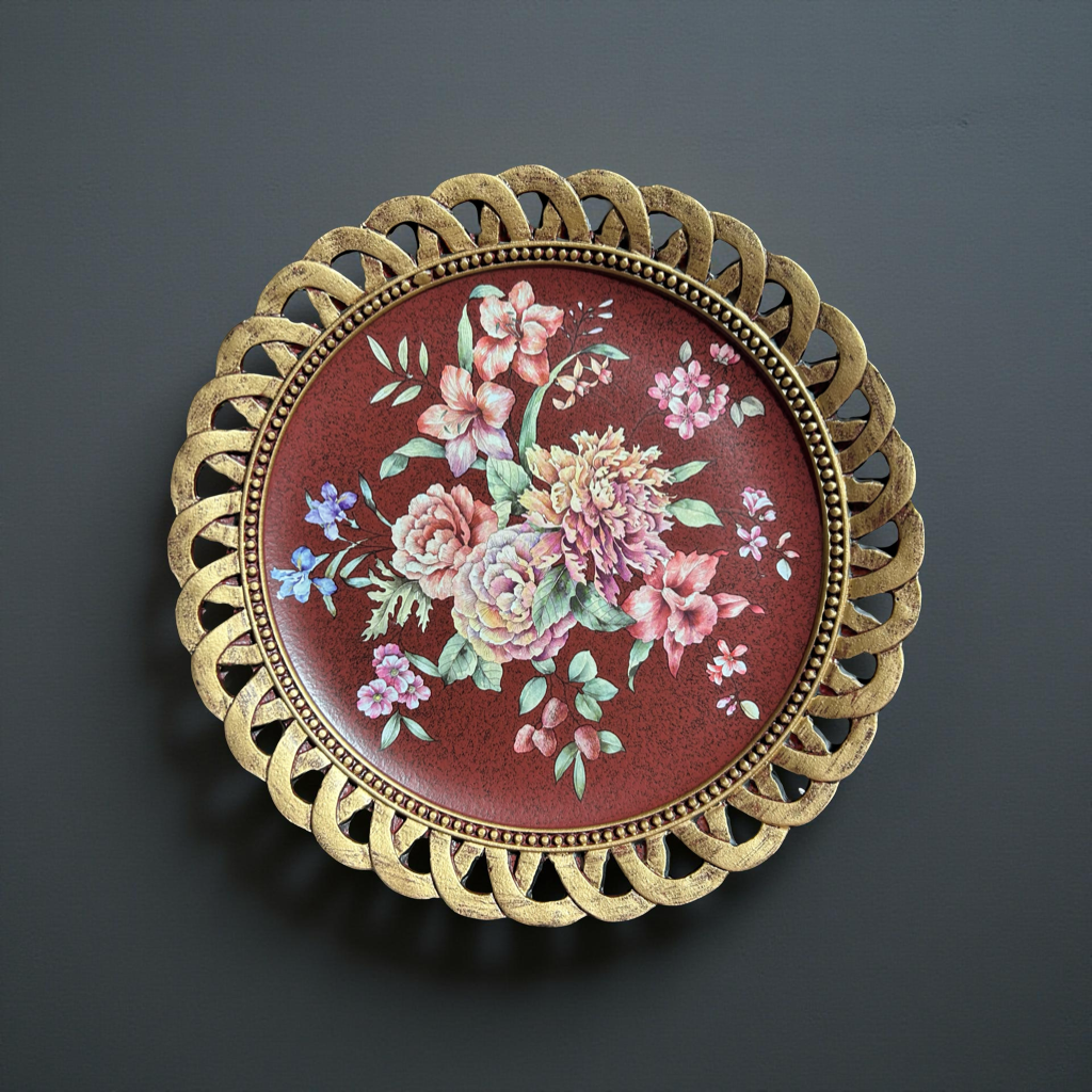 Maroon Floral Decorative Plate with Golden Rim – Elegant Table & Wall Décor
