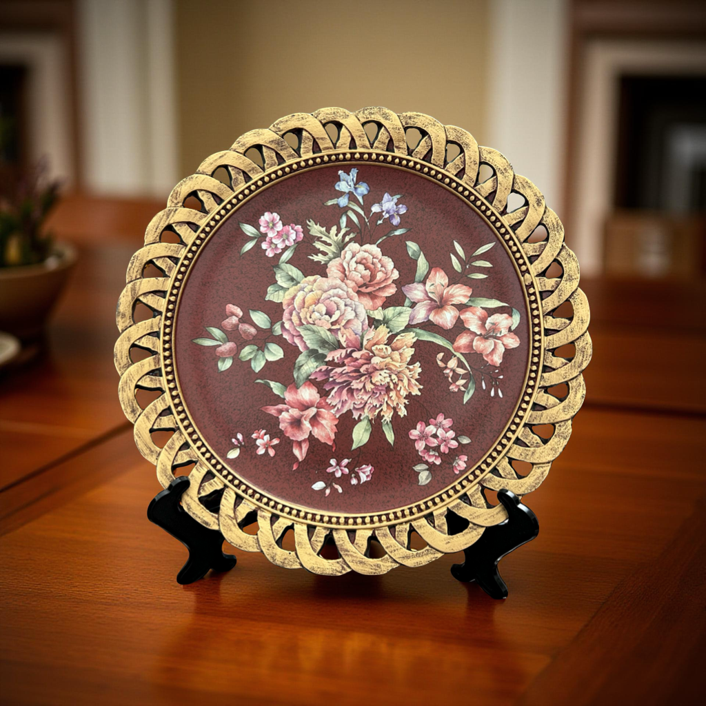Maroon Floral Decorative Plate with Golden Rim – Elegant Table & Wall Décor
