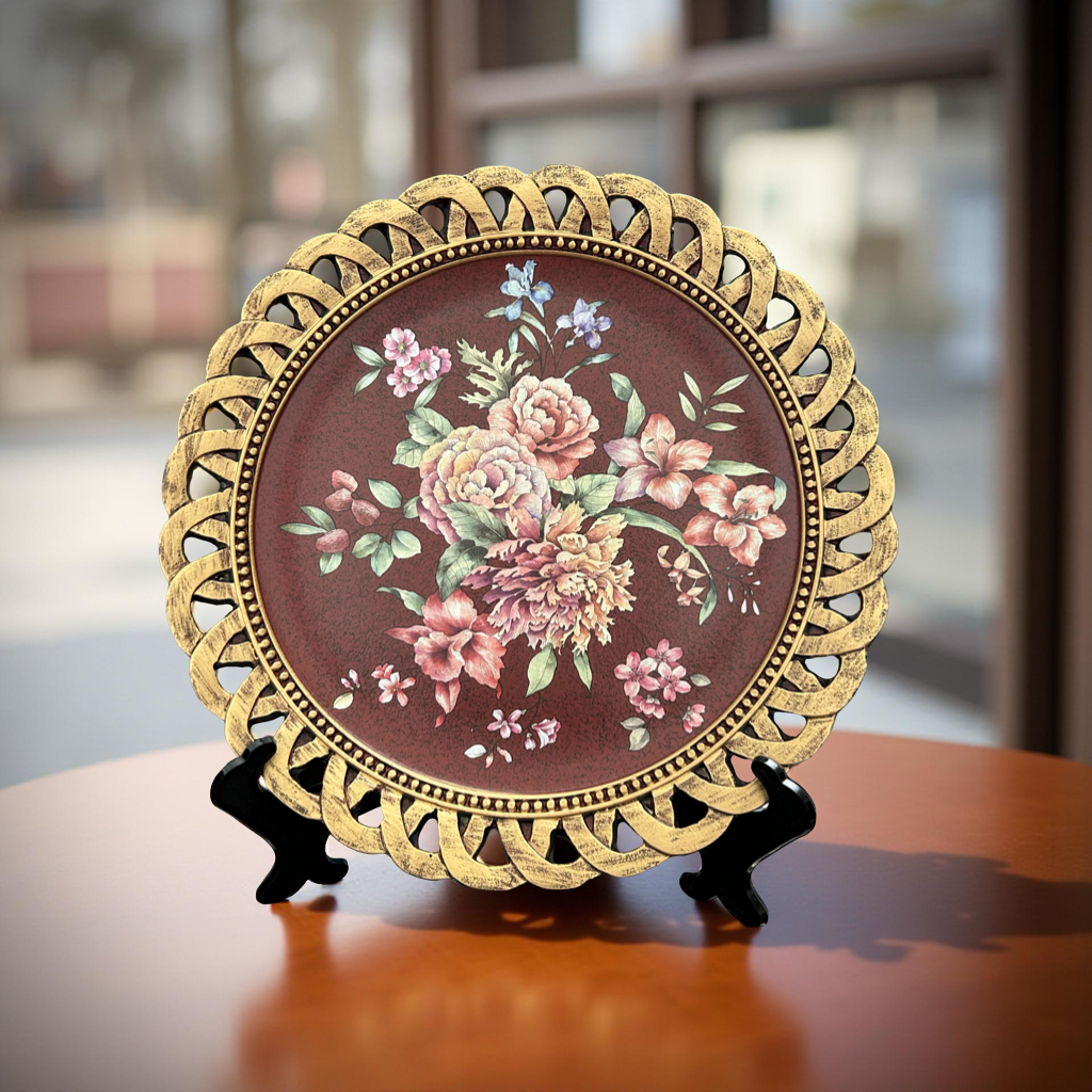 Maroon Floral Decorative Plate with Golden Rim – Elegant Table & Wall Décor