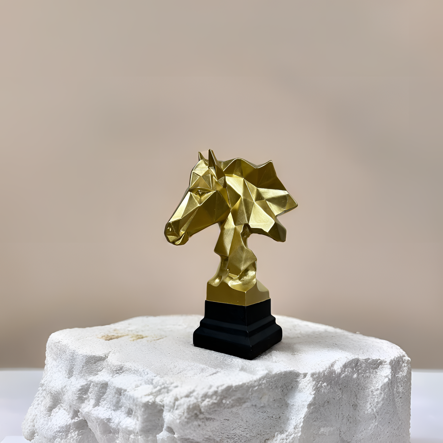Geometric Golden Horse Head Sculpture with Black Base