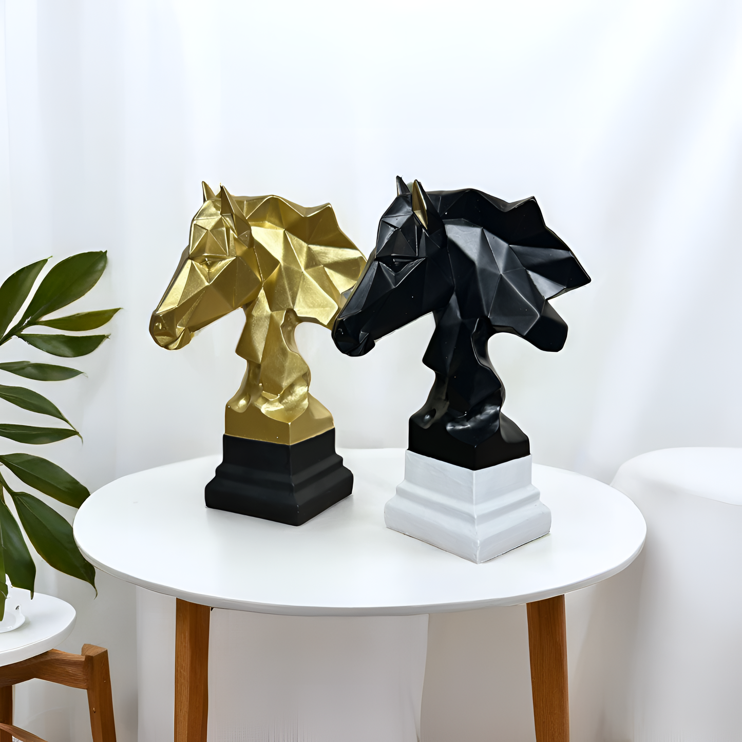 Geometric Black Horse Head Sculpture with White Base
