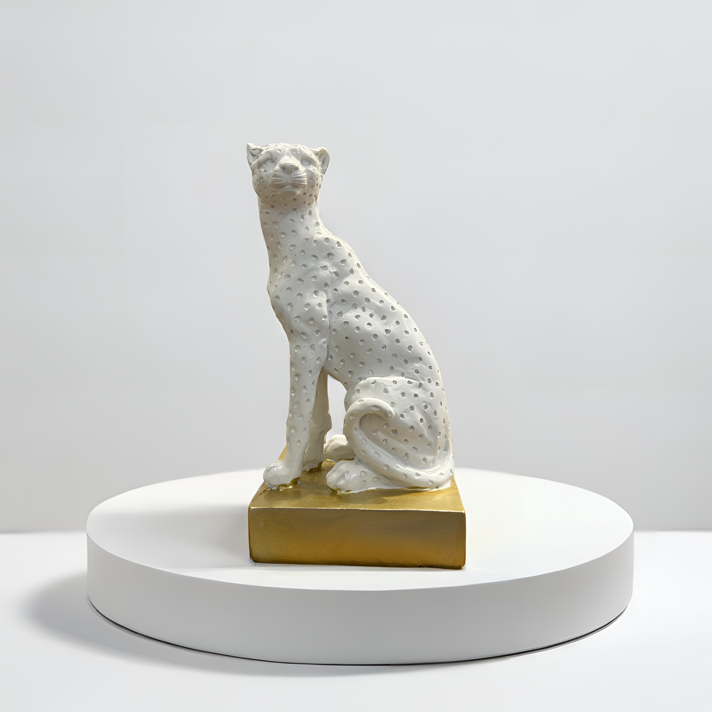 White Panther Sculpture with Golden Base