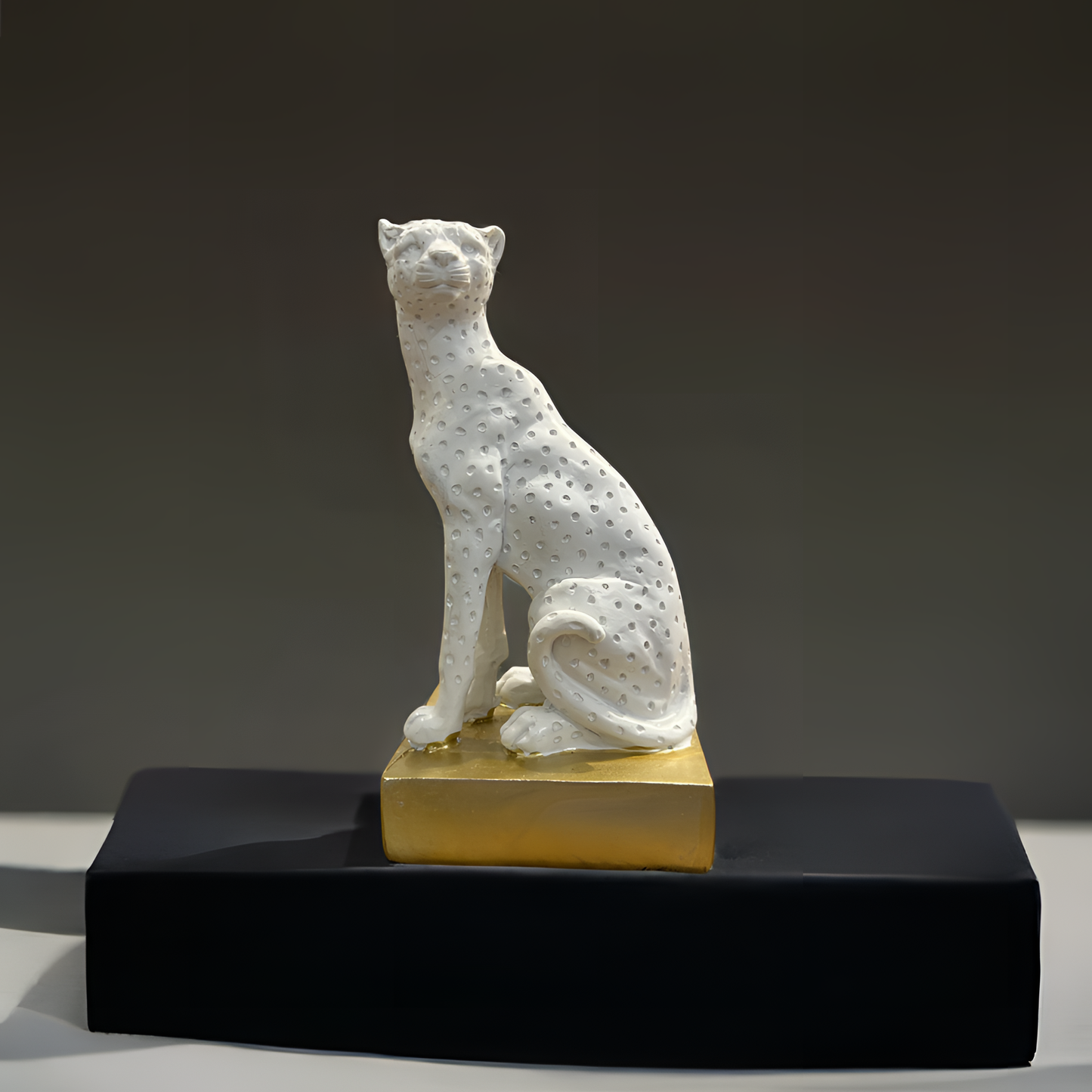 White Panther Sculpture with Golden Base