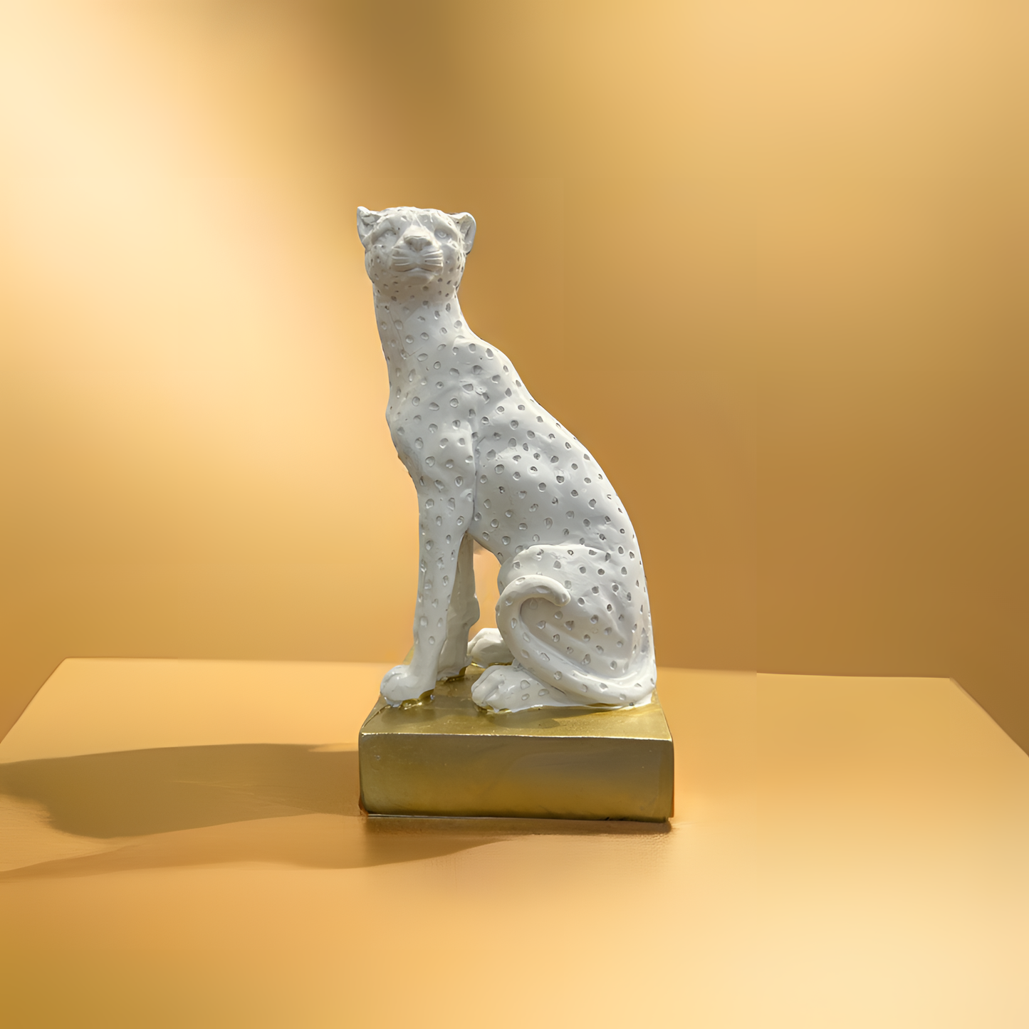 White Panther Sculpture with Golden Base