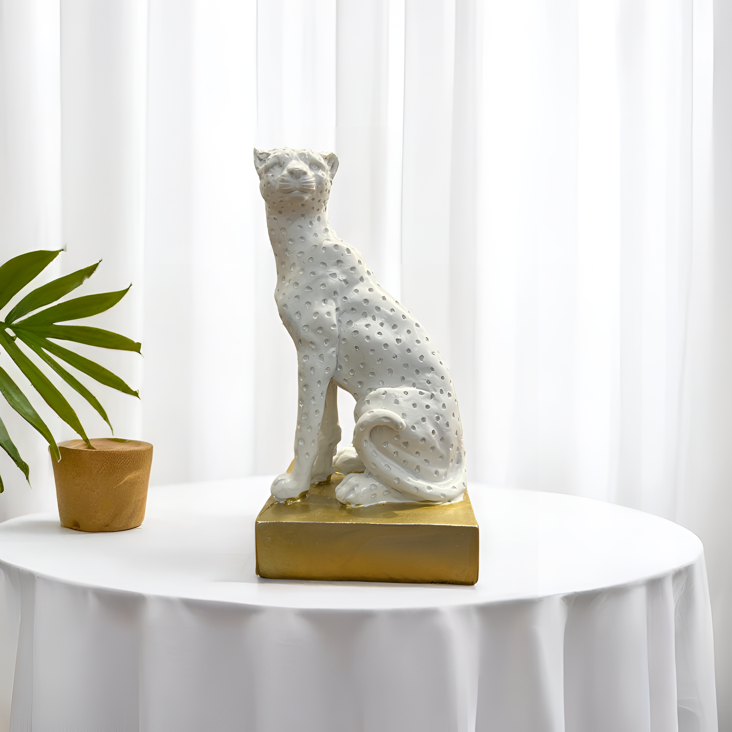 White Panther Sculpture with Golden Base