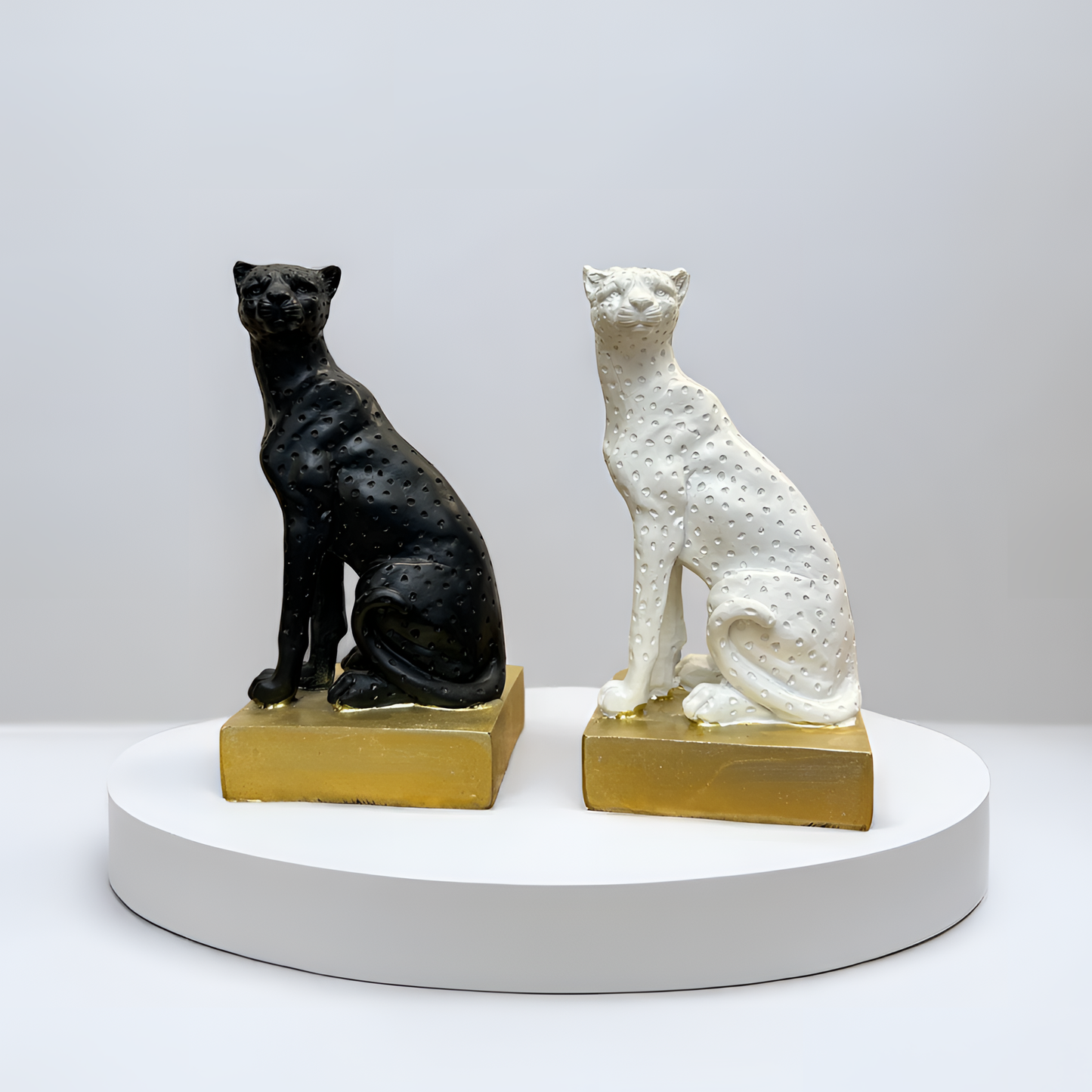 White Panther Sculpture with Golden Base