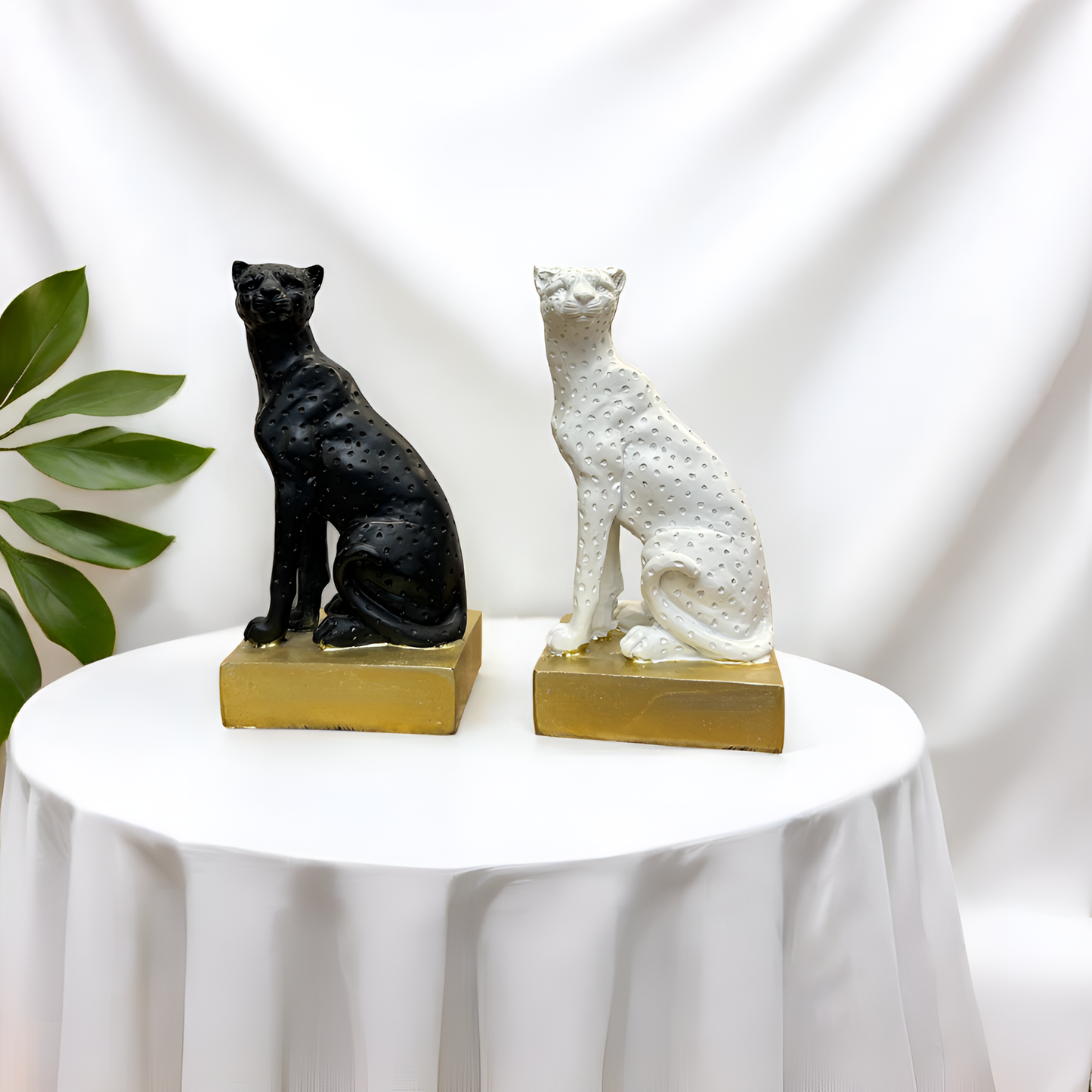 White Panther Sculpture with Golden Base