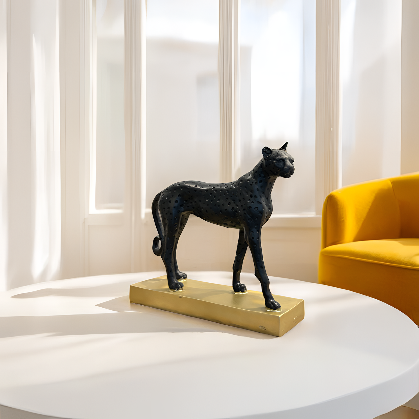 Black Cheetah Sculpture on Golden Base