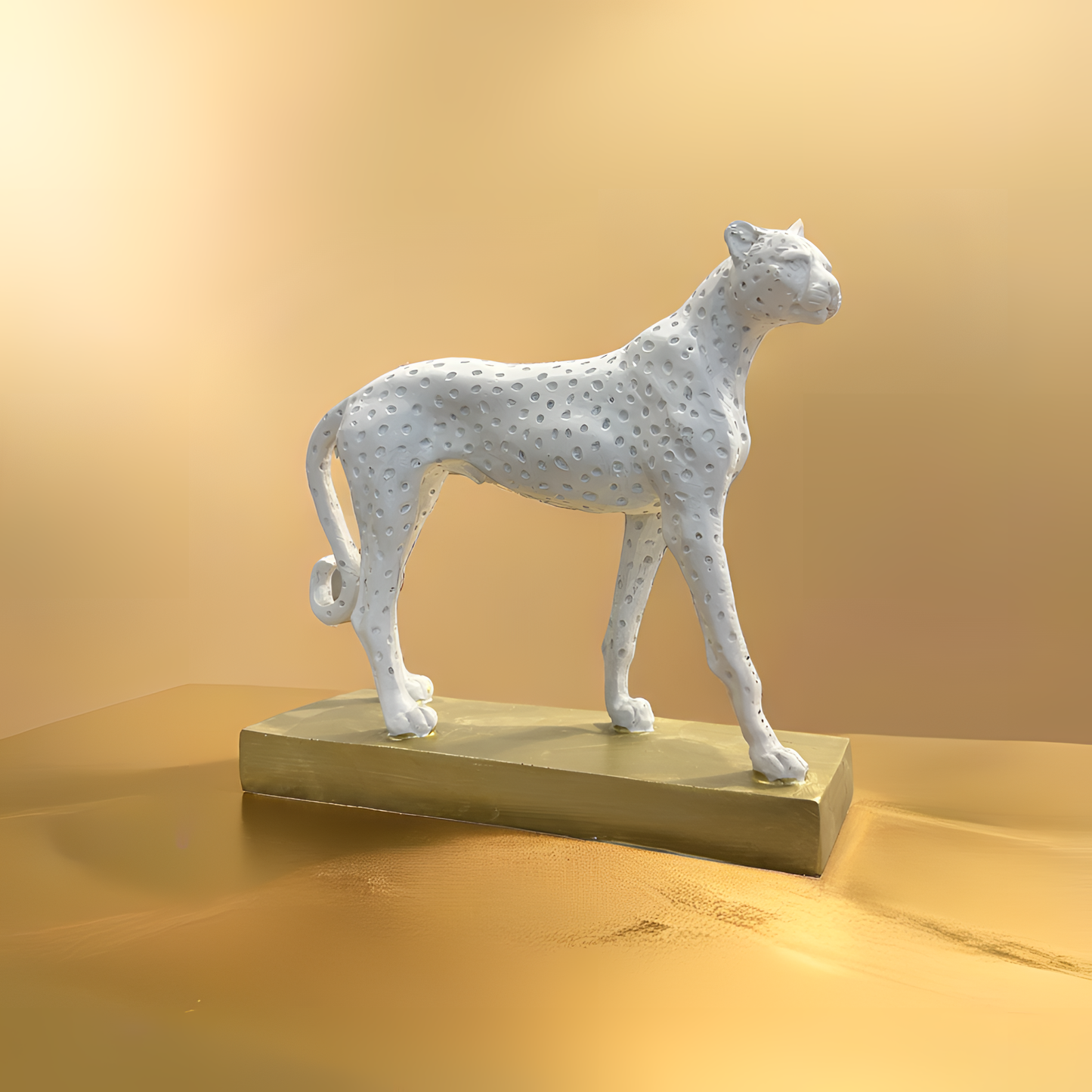 White Cheetah Sculpture on Golden Base