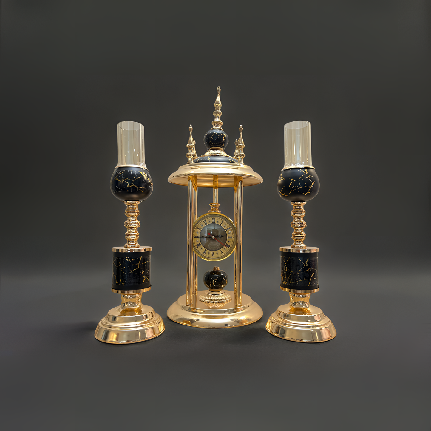 Luxurious Gold & Black Clock with Matching Candle Holders – 3-Piece Set