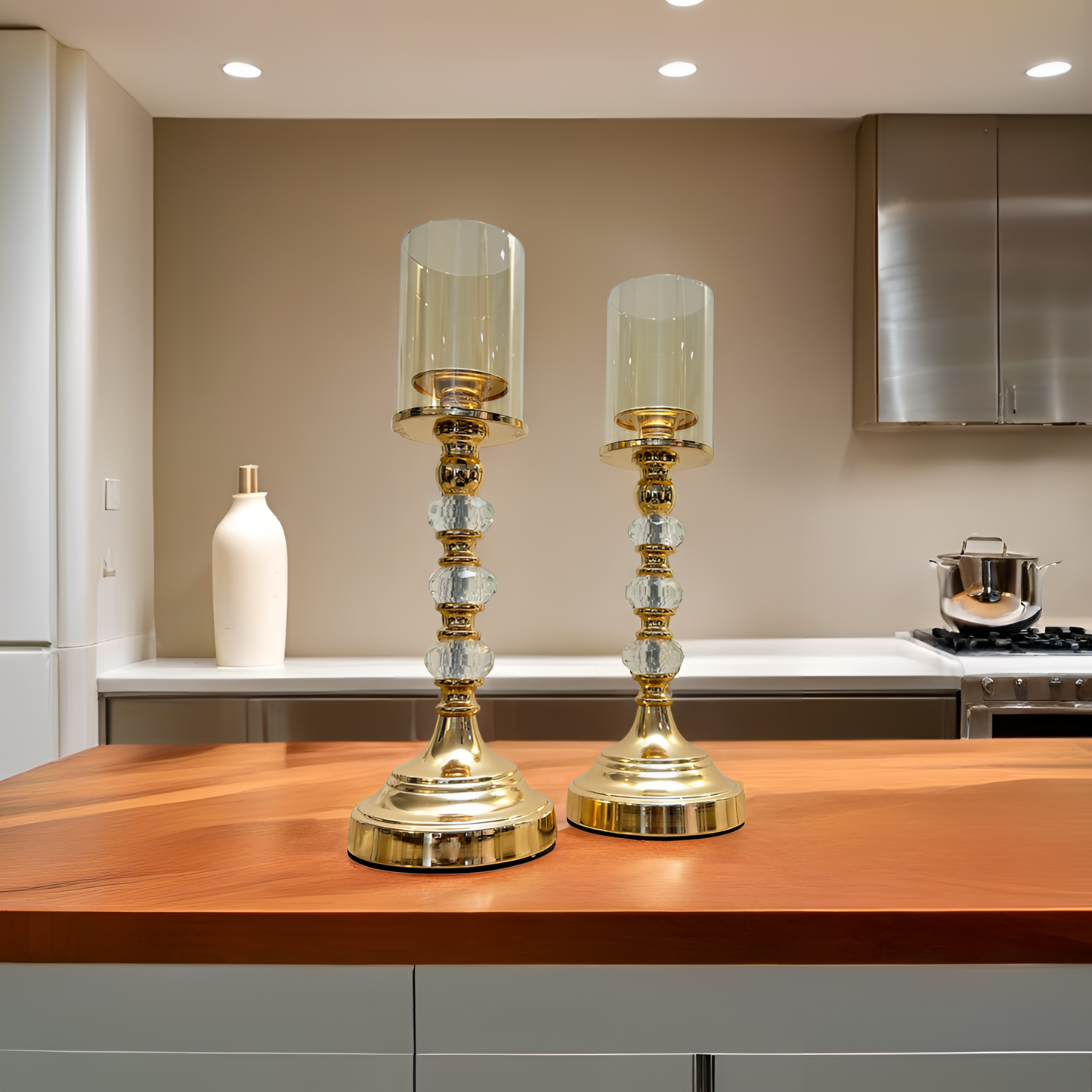 Elegant Golden Candle Holders with Crystal Accents - 2 piece set