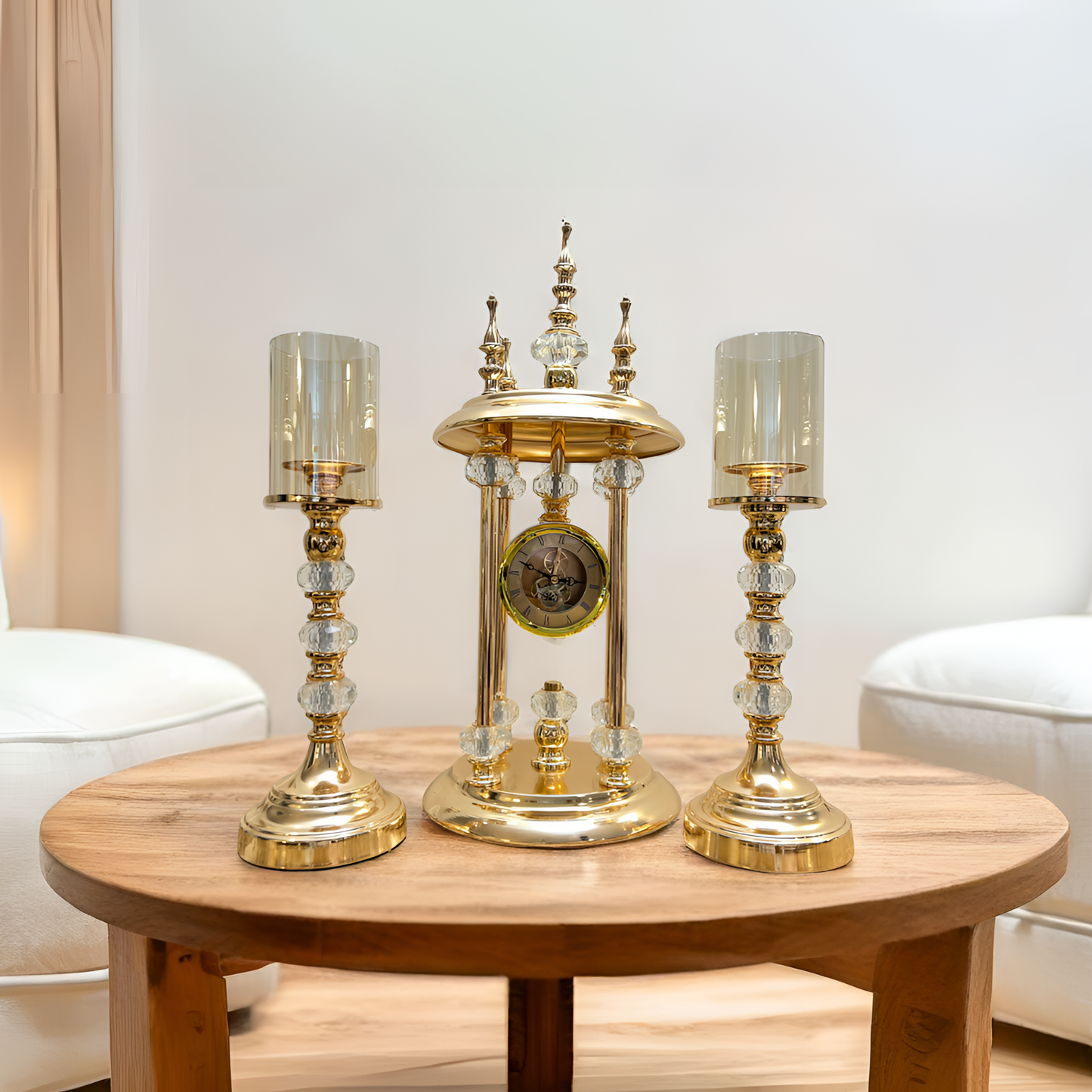 Luxurious Gold & Crystal Clock and Candle Holder Set - 3 piece set
