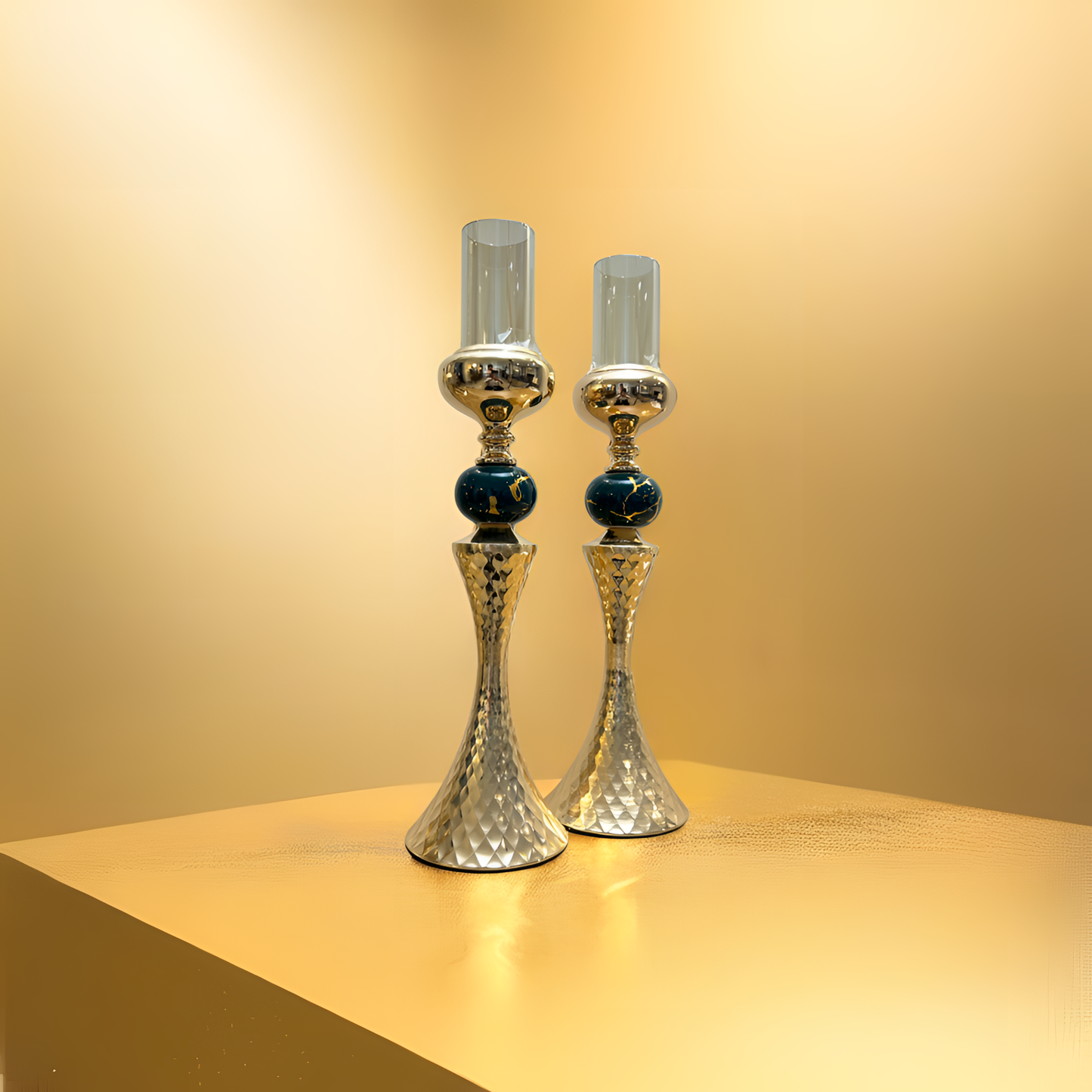Elegant Golden & Green Candle Holders - 2 piece set