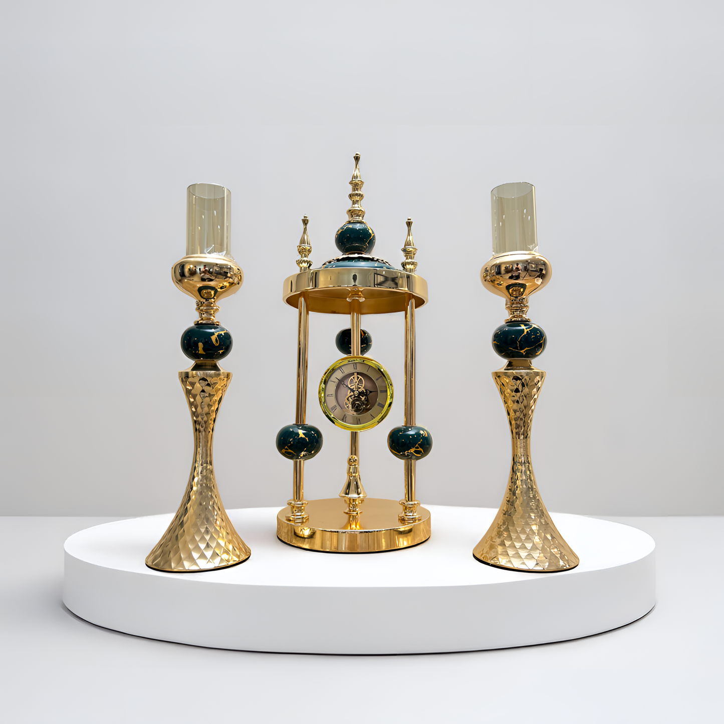 Luxurious Golden & Green Clock and Candle Holders - 3 piece set