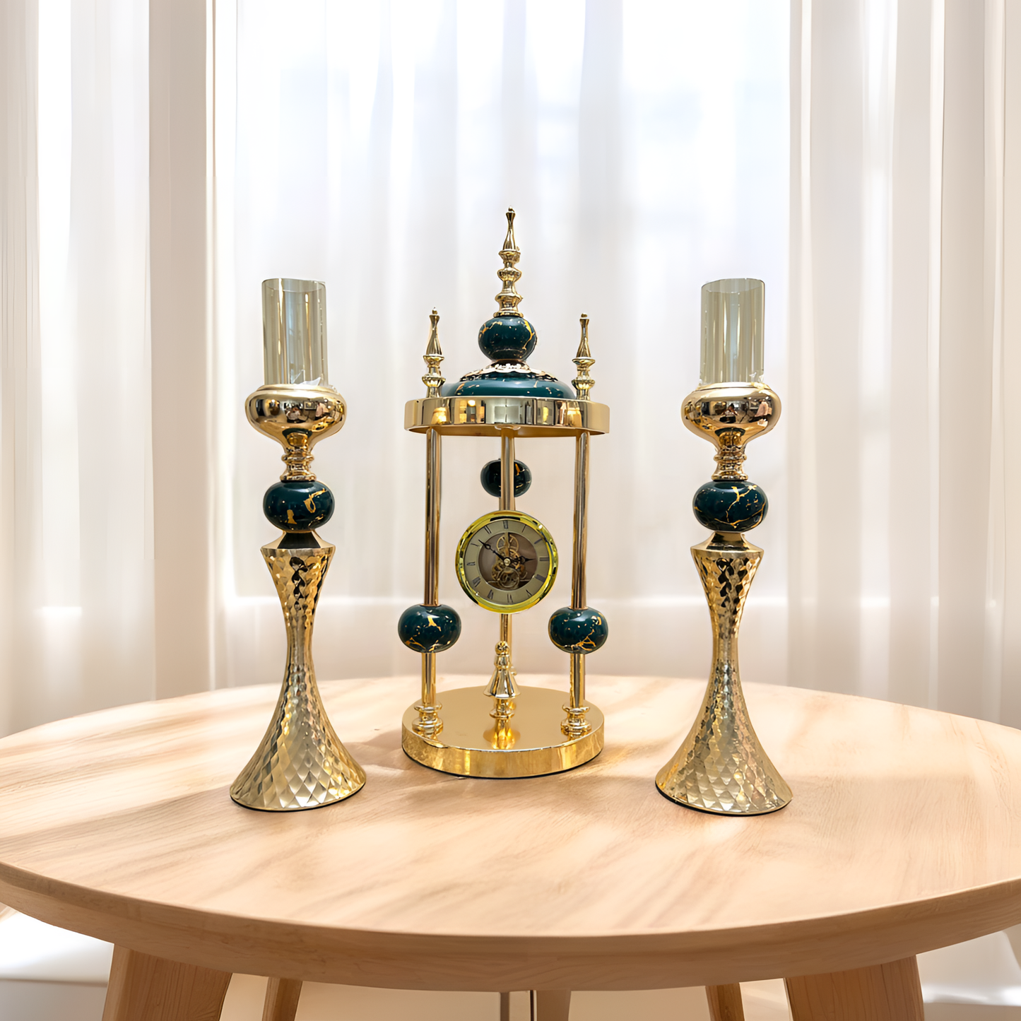 Luxurious Golden & Green Clock and Candle Holders - 3 piece set