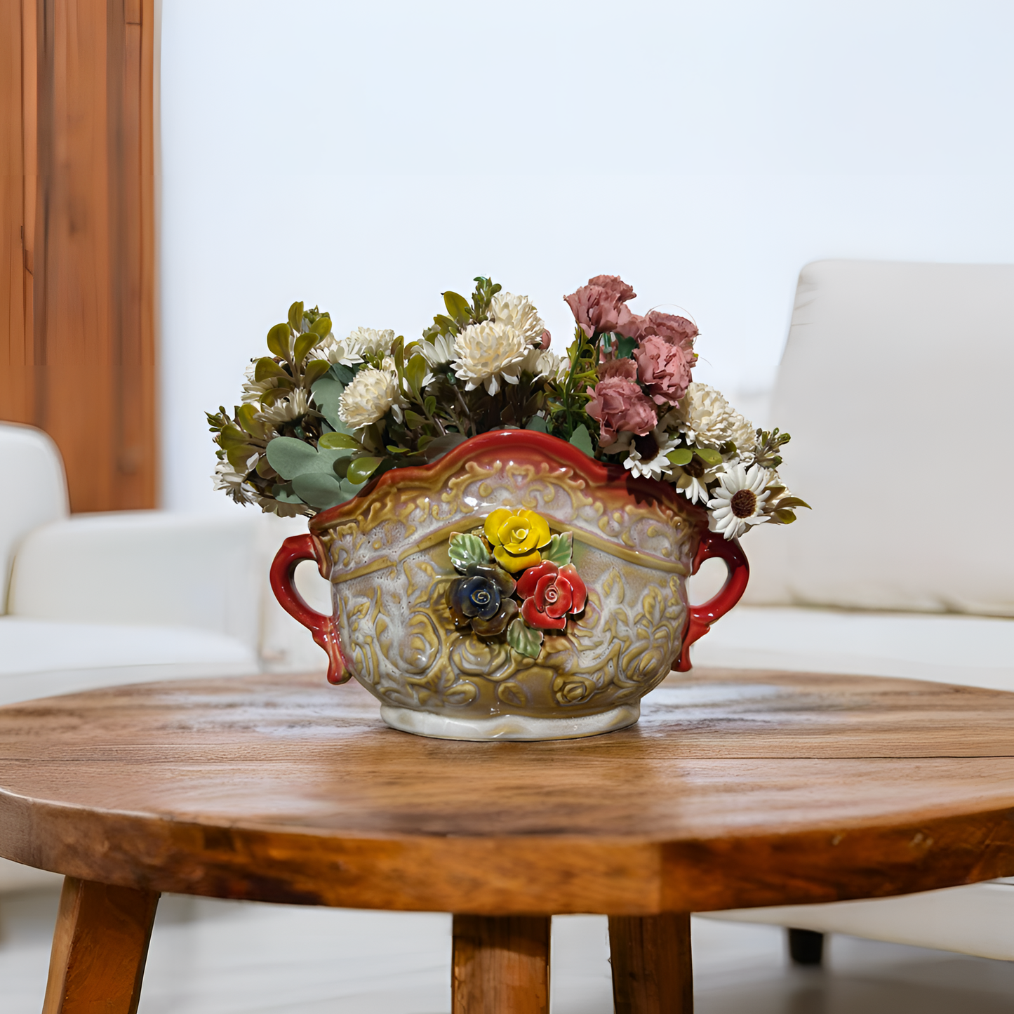 Ceramic Floral Vase with Multicolor Rose Accents