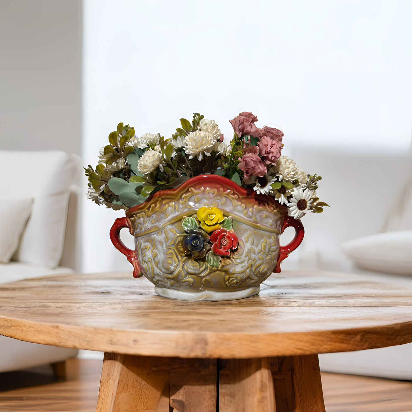 Ceramic Floral Vase with Multicolor Rose Accents