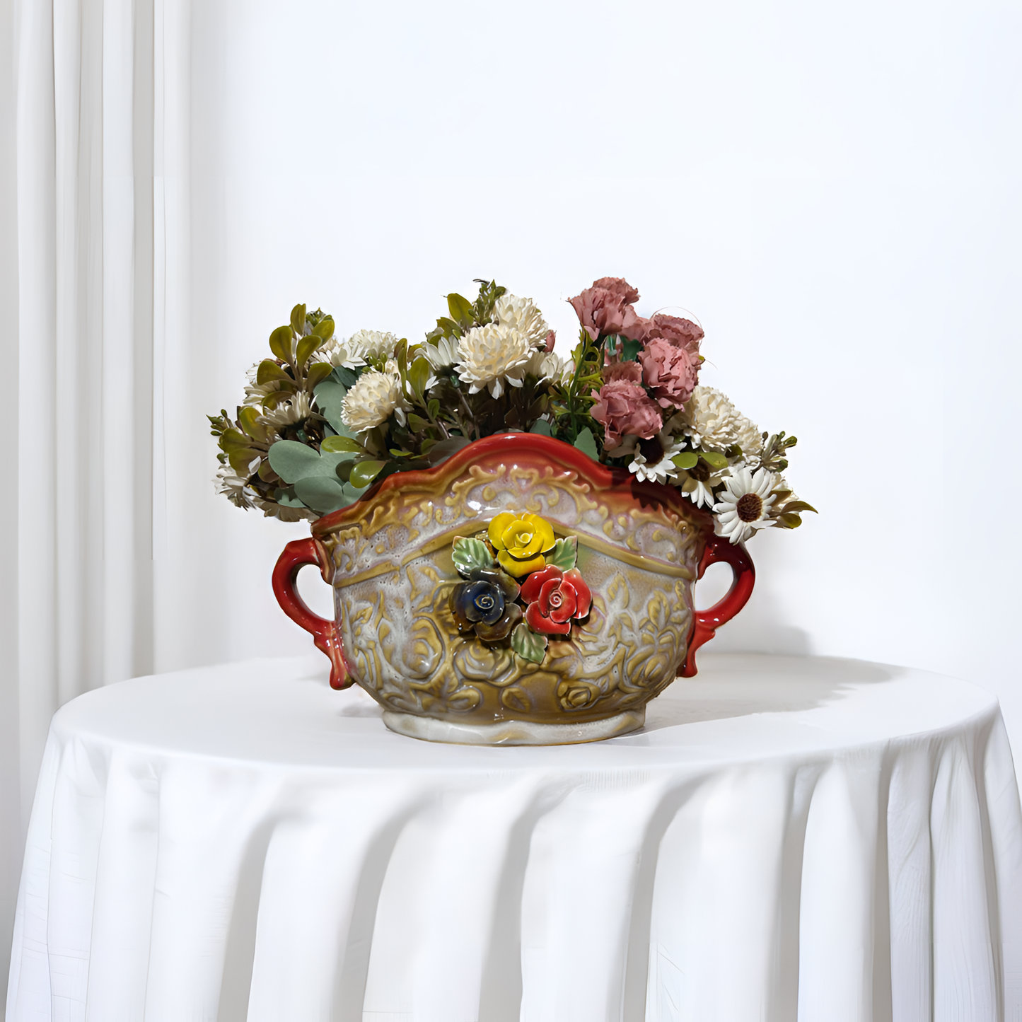 Ceramic Floral Vase with Multicolor Rose Accents