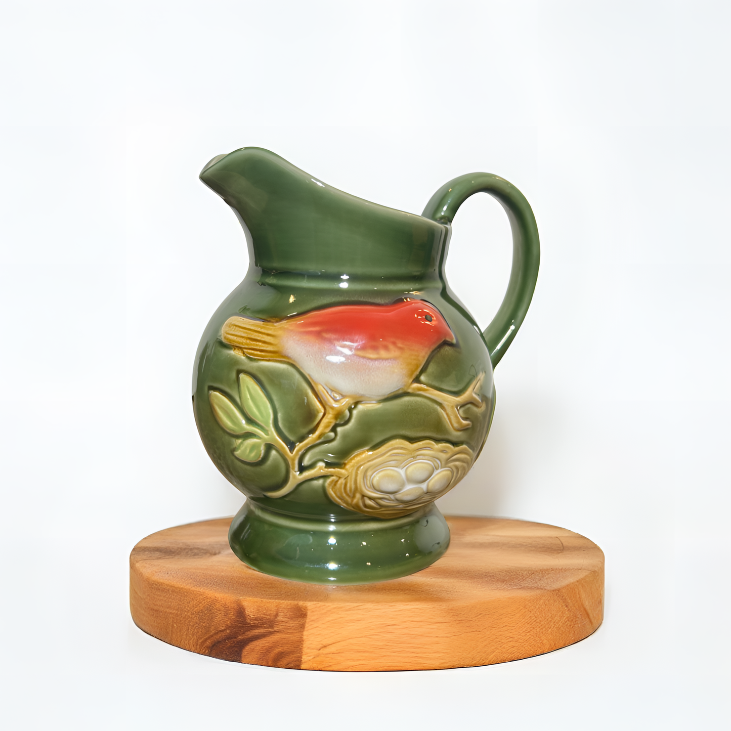 Ceramic Vase with Bird & Nest Motif – Vintage Green