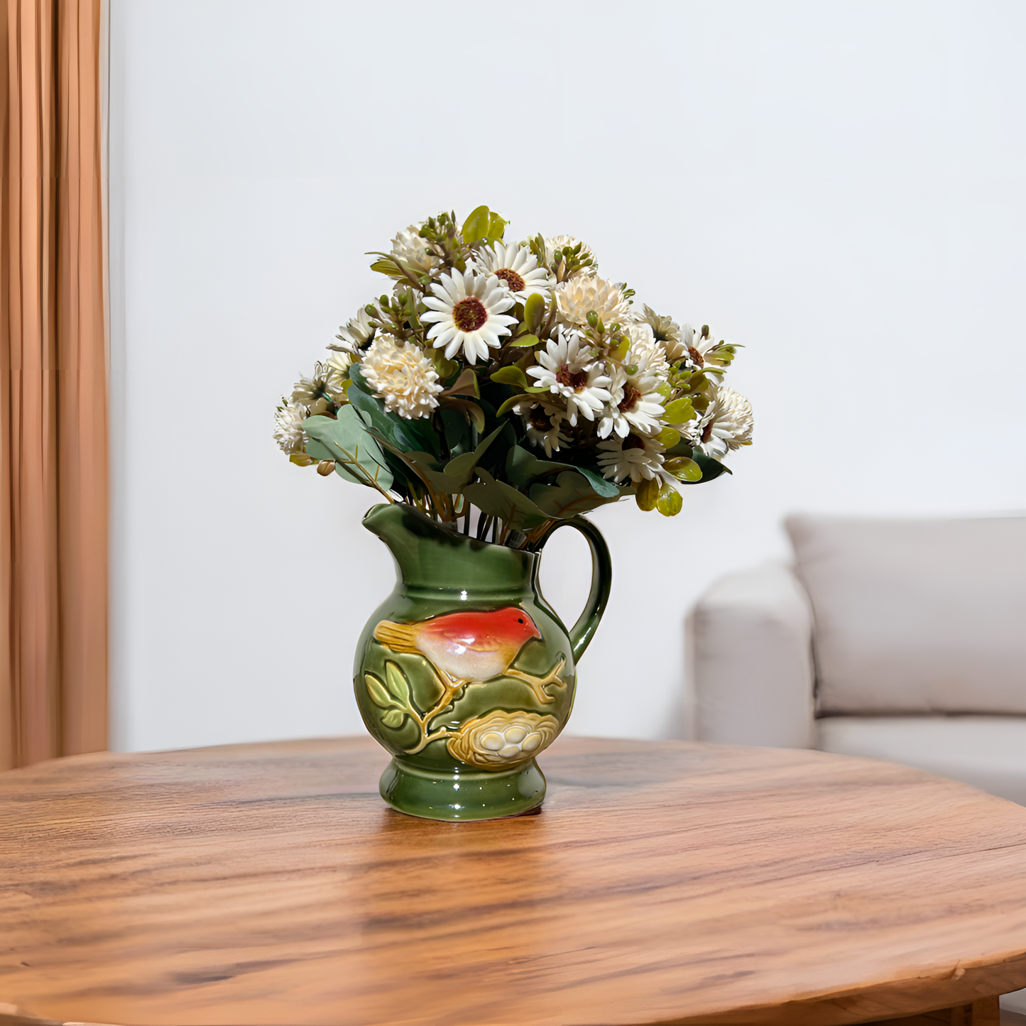 Ceramic Vase with Bird & Nest Motif – Vintage Green