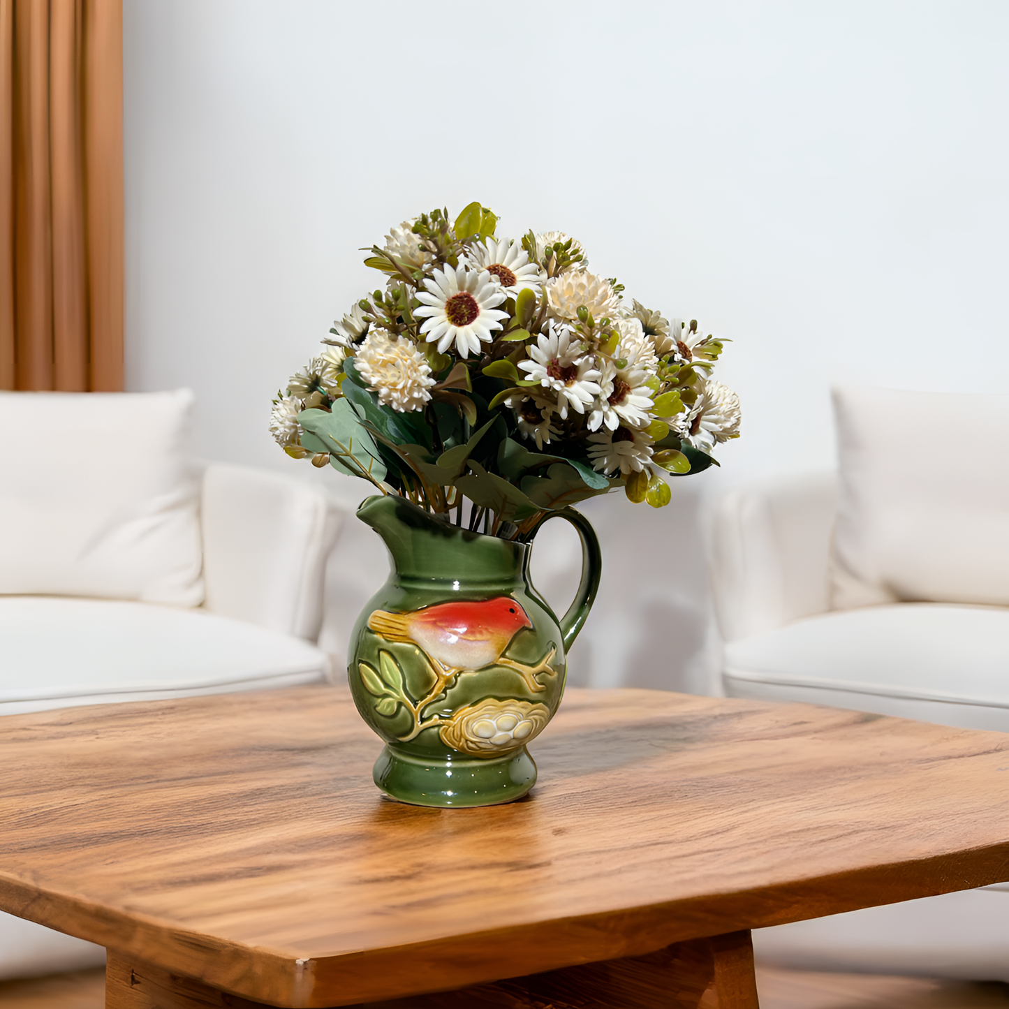 Ceramic Vase with Bird & Nest Motif – Vintage Green