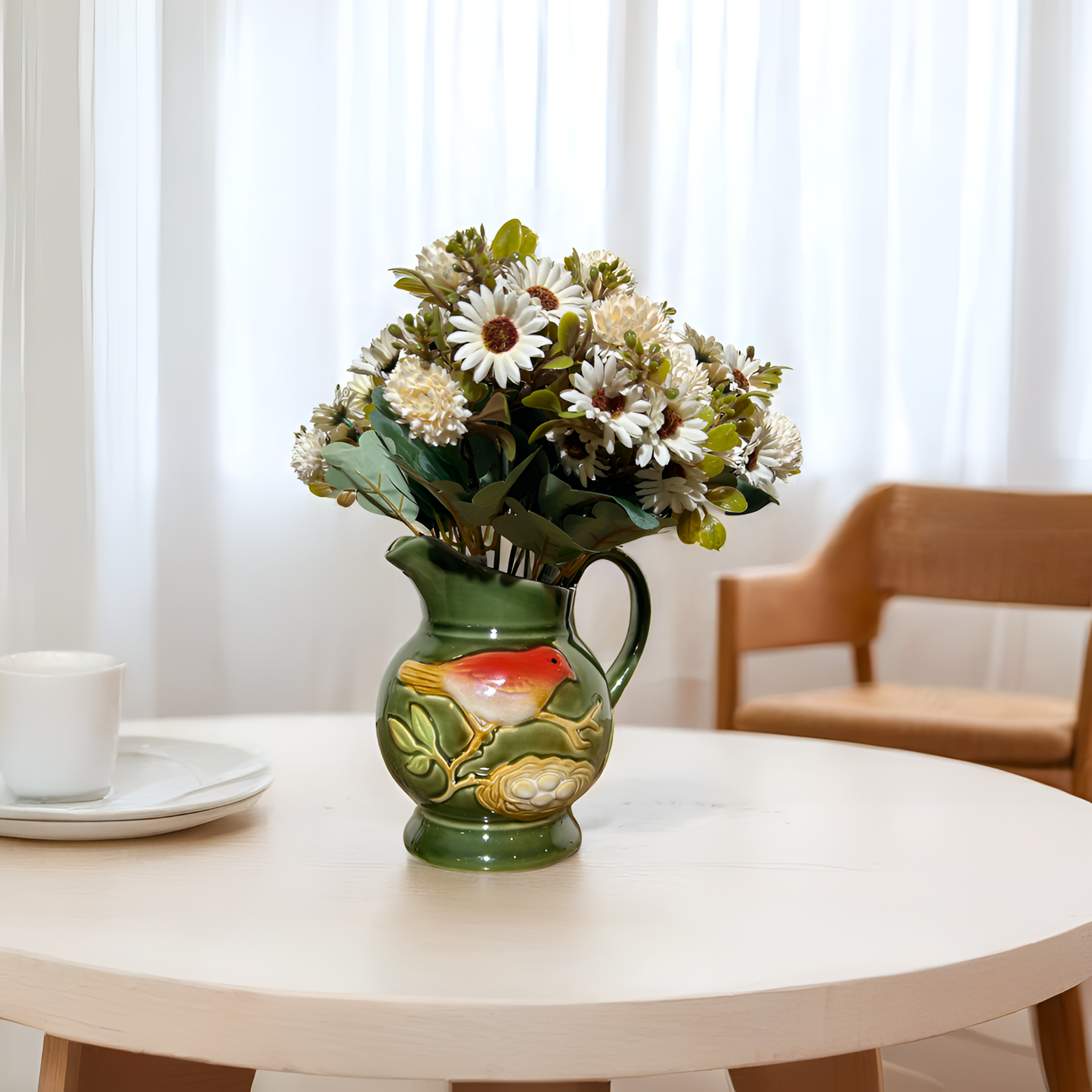 Ceramic Vase with Bird & Nest Motif – Vintage Green