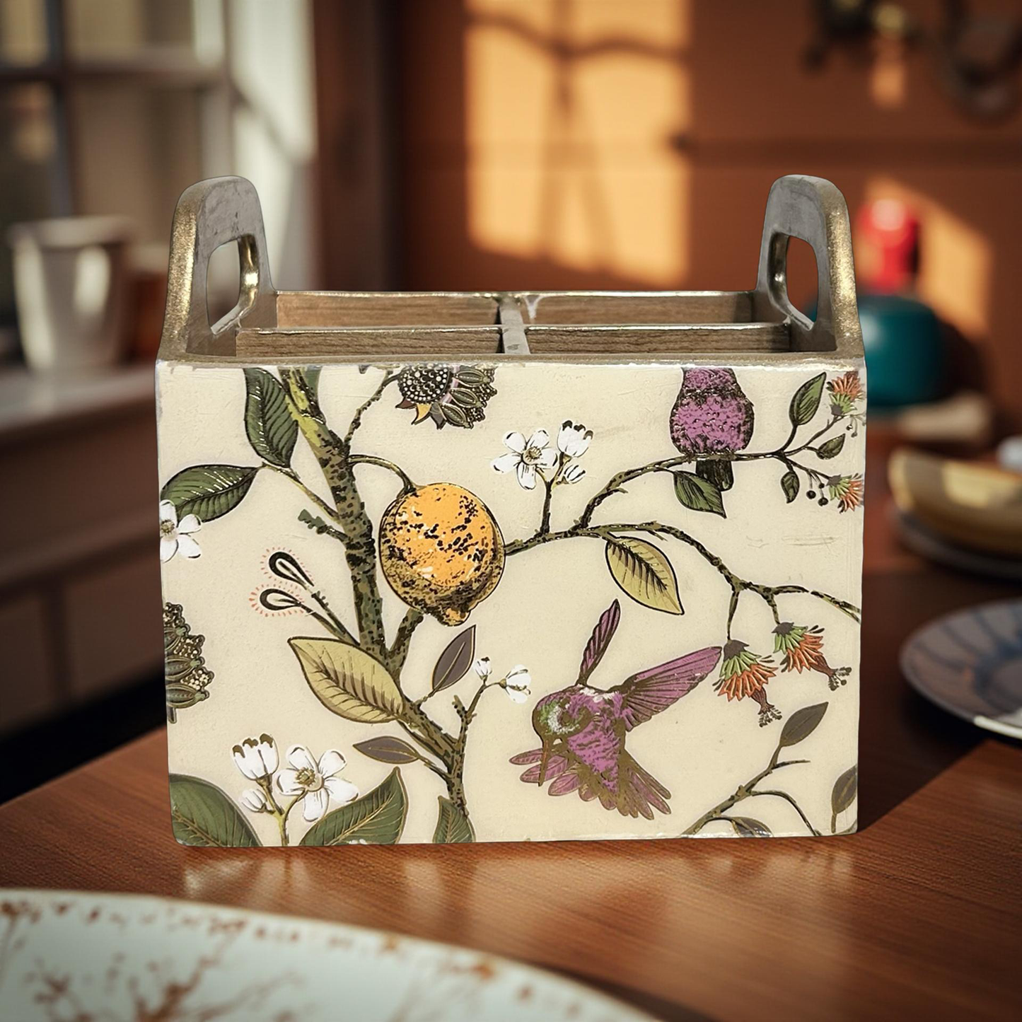 Cutlery Holder Wooden Floral Multi Colour with 4 Partitions