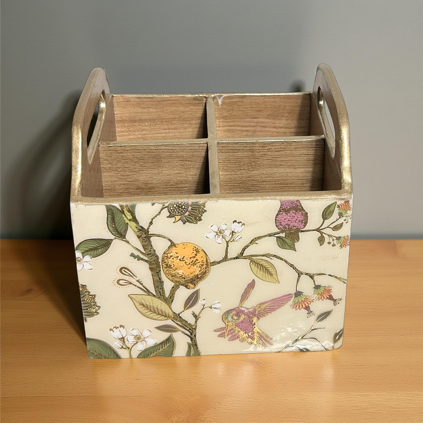 Cutlery Holder Wooden Floral Multi Colour with 4 Partitions