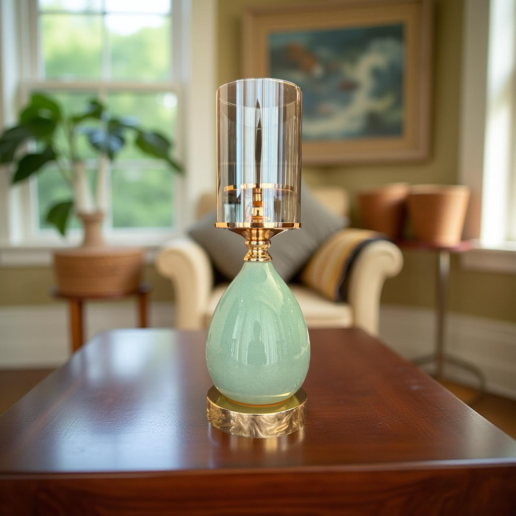 Aqua Glow Ceramic & Glass Candle Stand – Elegant Home Décor Piece
