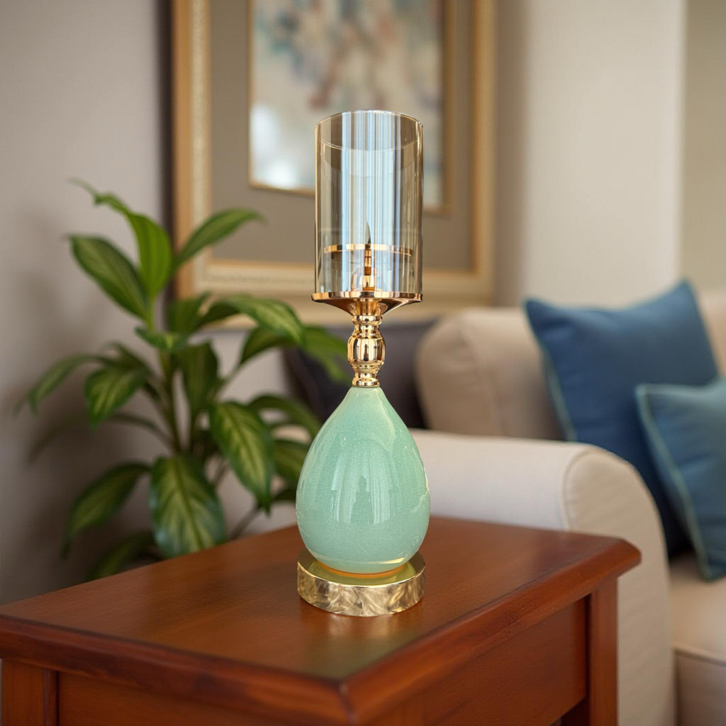Aqua Glow Ceramic & Glass Candle Stand – Elegant Home Décor Piece