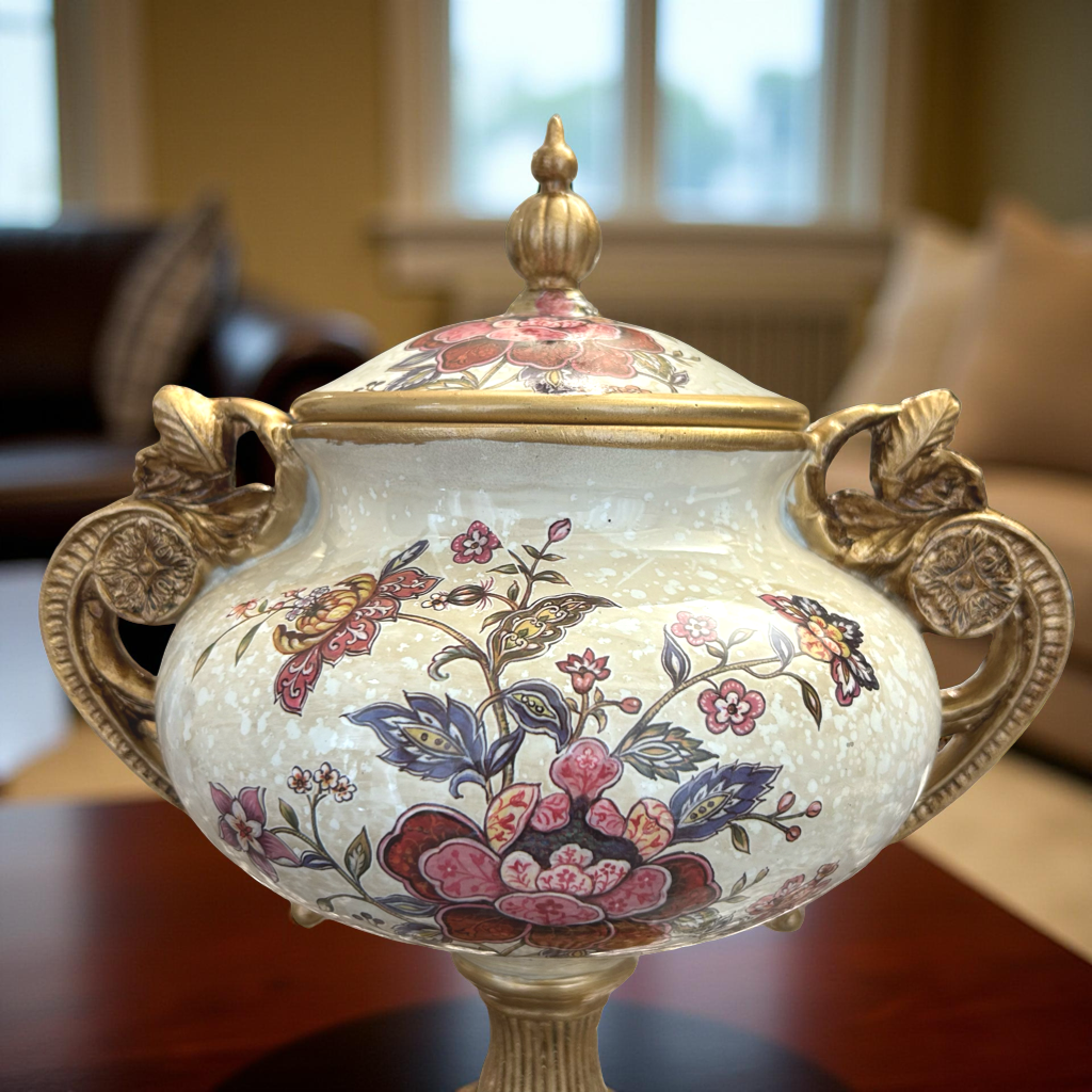 Luxury Ceramic & Gold Decorative Jar with Lid – Ornate Floral Design