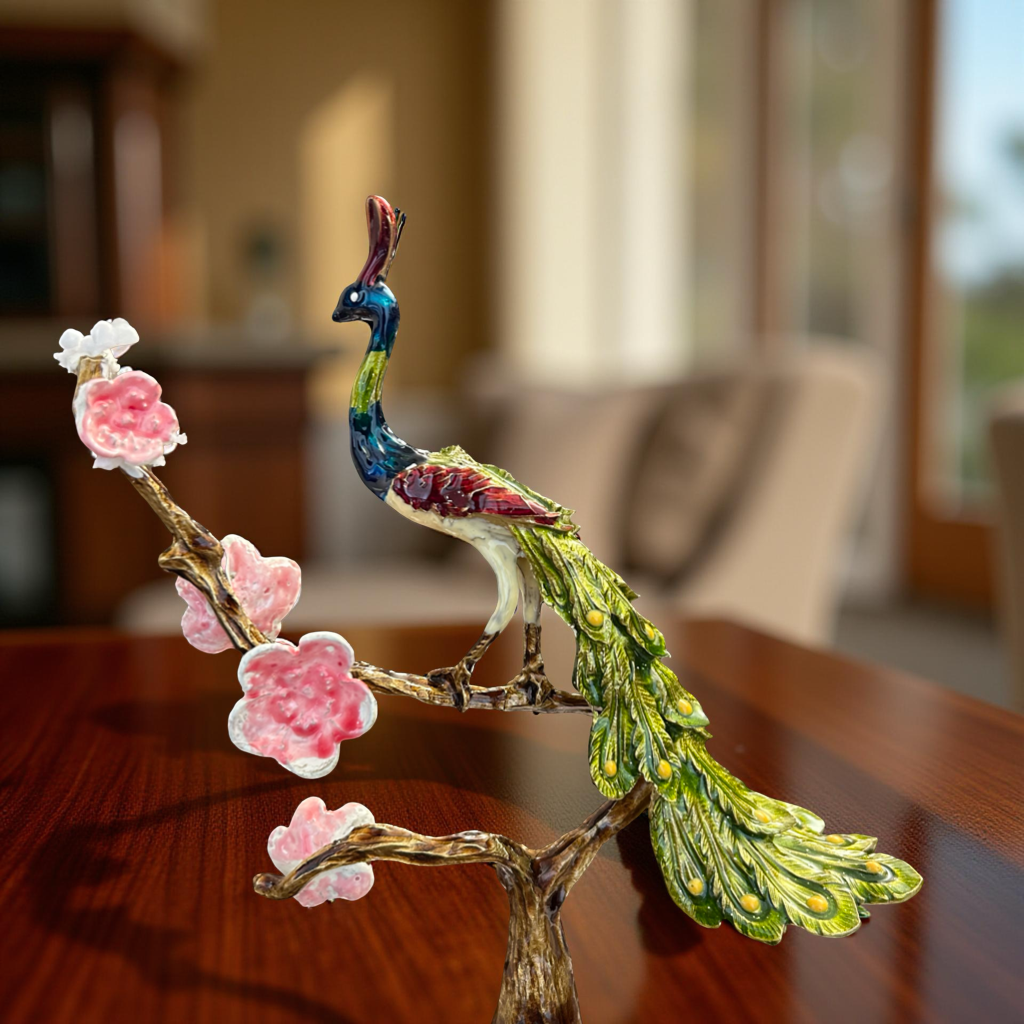 Oriental Peacock Table Clock with Golden Base