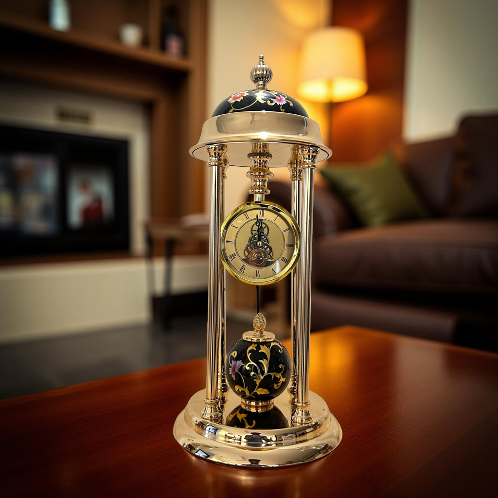 Vintage Table Clock with Golden Frame & Enamel Floral Design