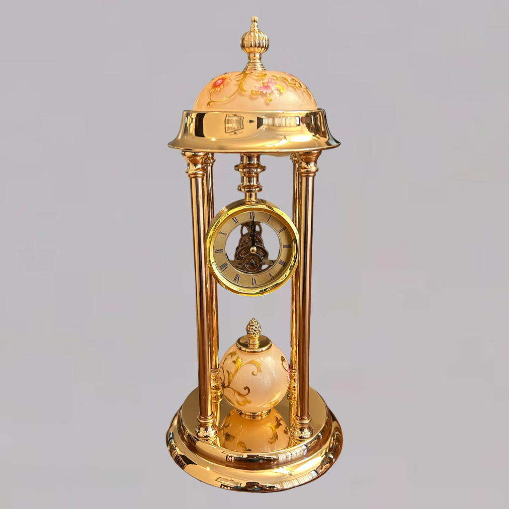 Golden Table Clock with Peach Enamel Floral Design