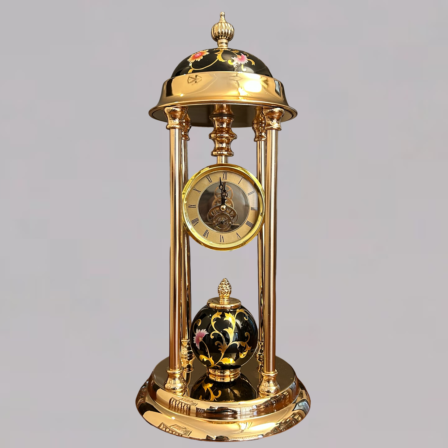 Vintage Table Clock with Golden Frame & Enamel Floral Design