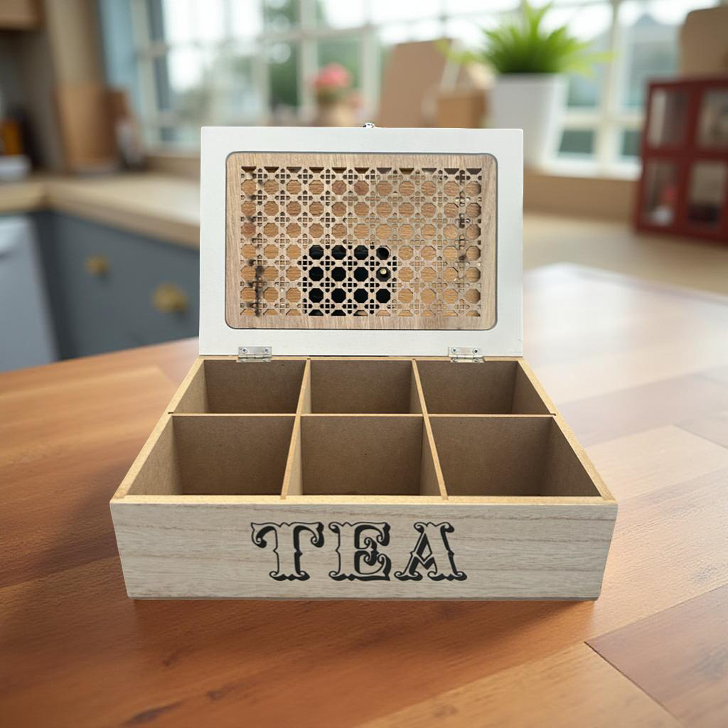 Rustic Wooden Tea Organizer Box with Lid