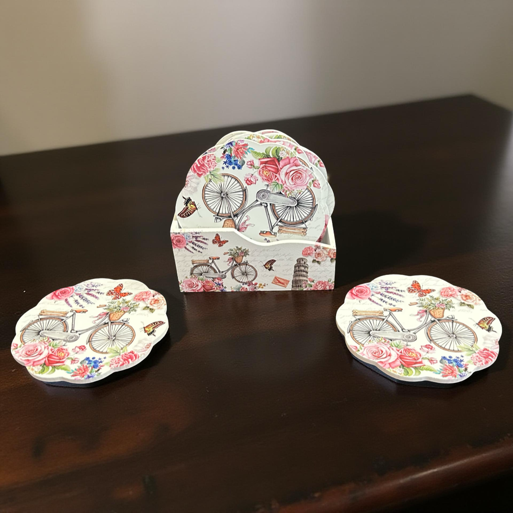 Wooden Coaster Set with Vintage Bicycle & Floral Print